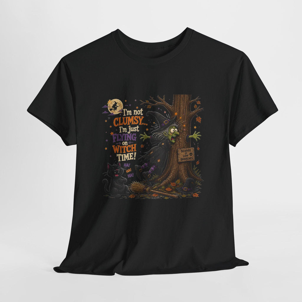 Clumsy Flying Witch T-Shirt | Halloween Cat Tree Illustration (100% Cotton)