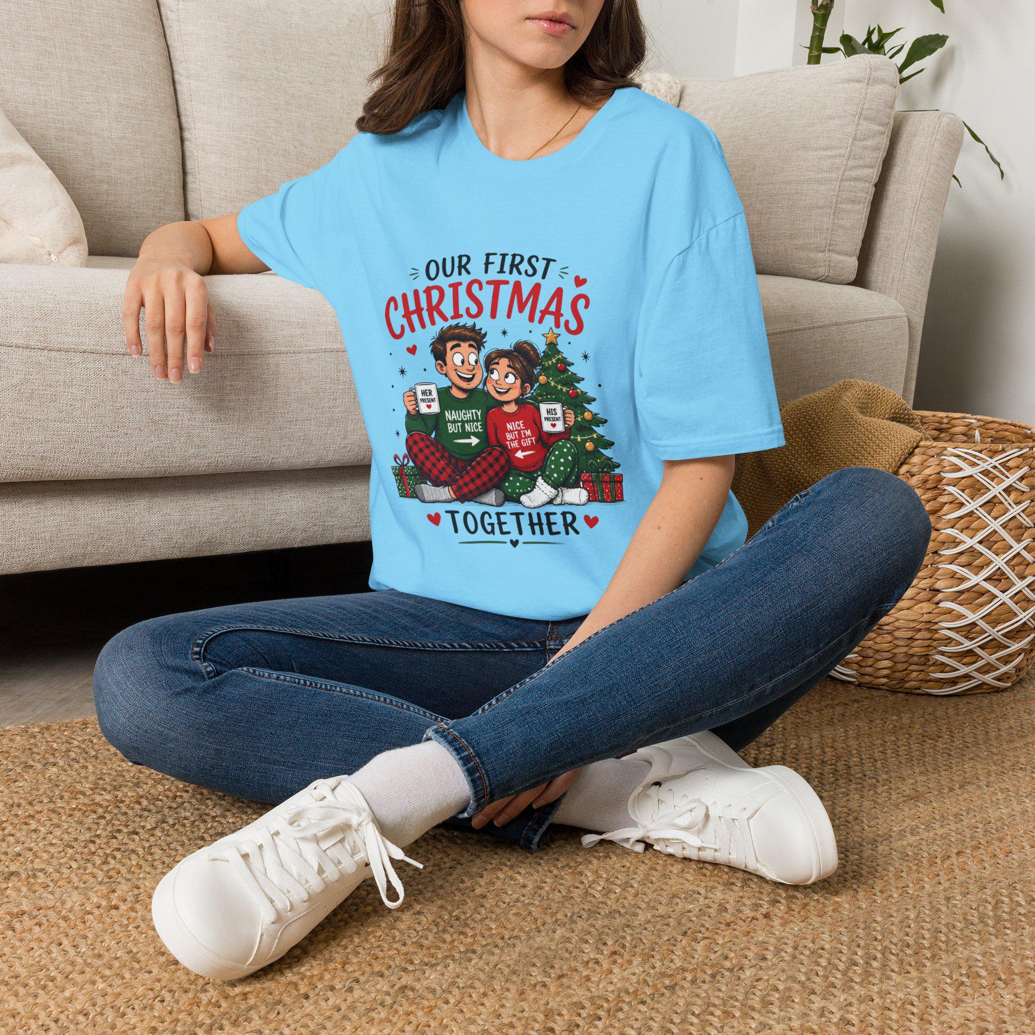 Our First Christmas Couple Illustration T-Shirt | Matching Holiday Tee