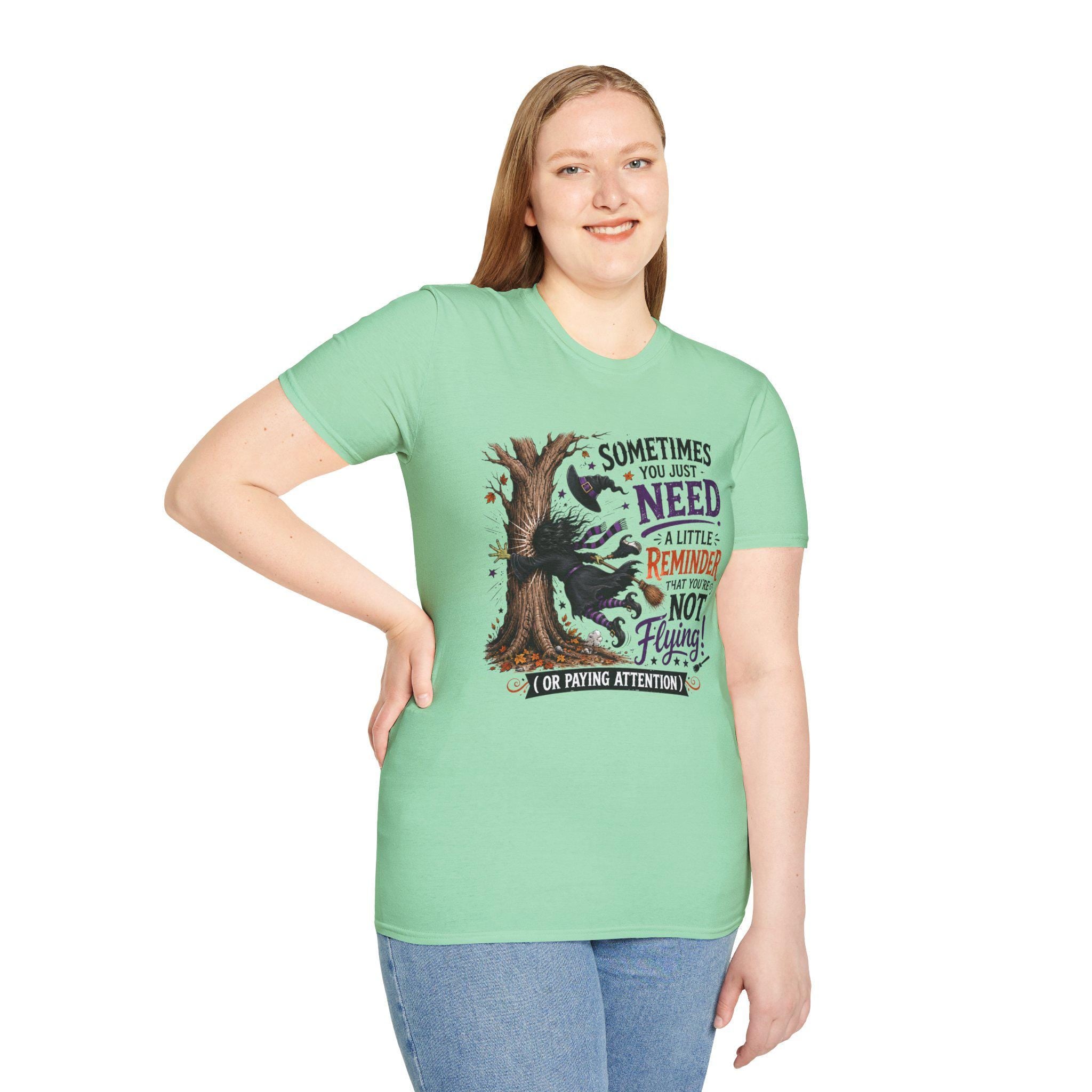 Halloween Witch T-Shirt | Whimsical Witch Hits Tree Graphic Tee