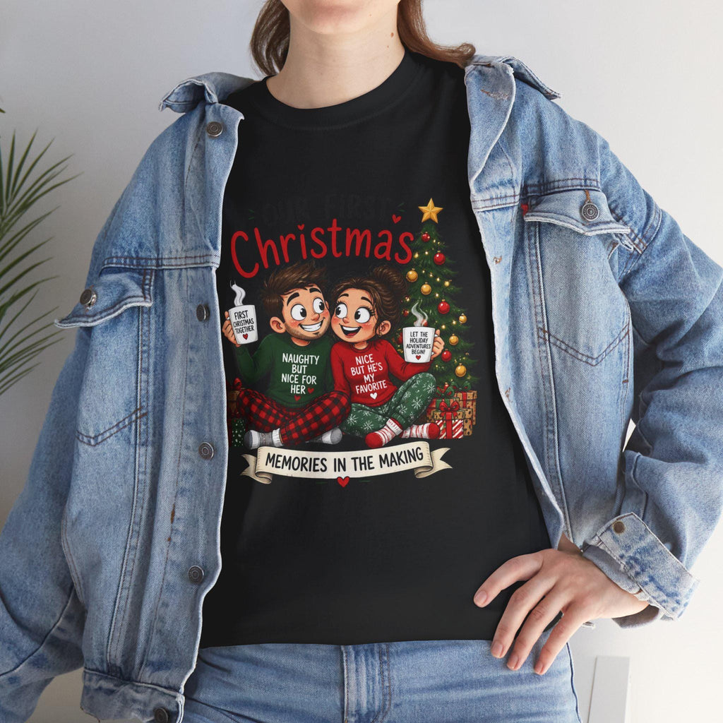 Our First Christmas couple illustration Tee | Christmas tree, cozy holiday scene