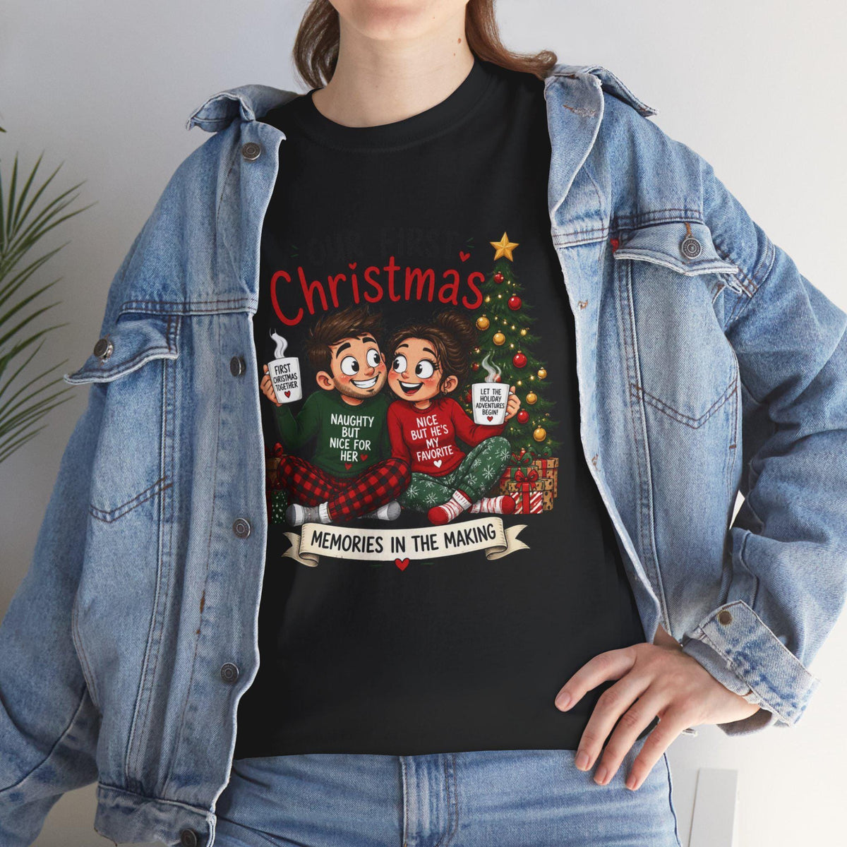 Our First Christmas couple illustration Tee | Christmas tree, cozy holiday scene