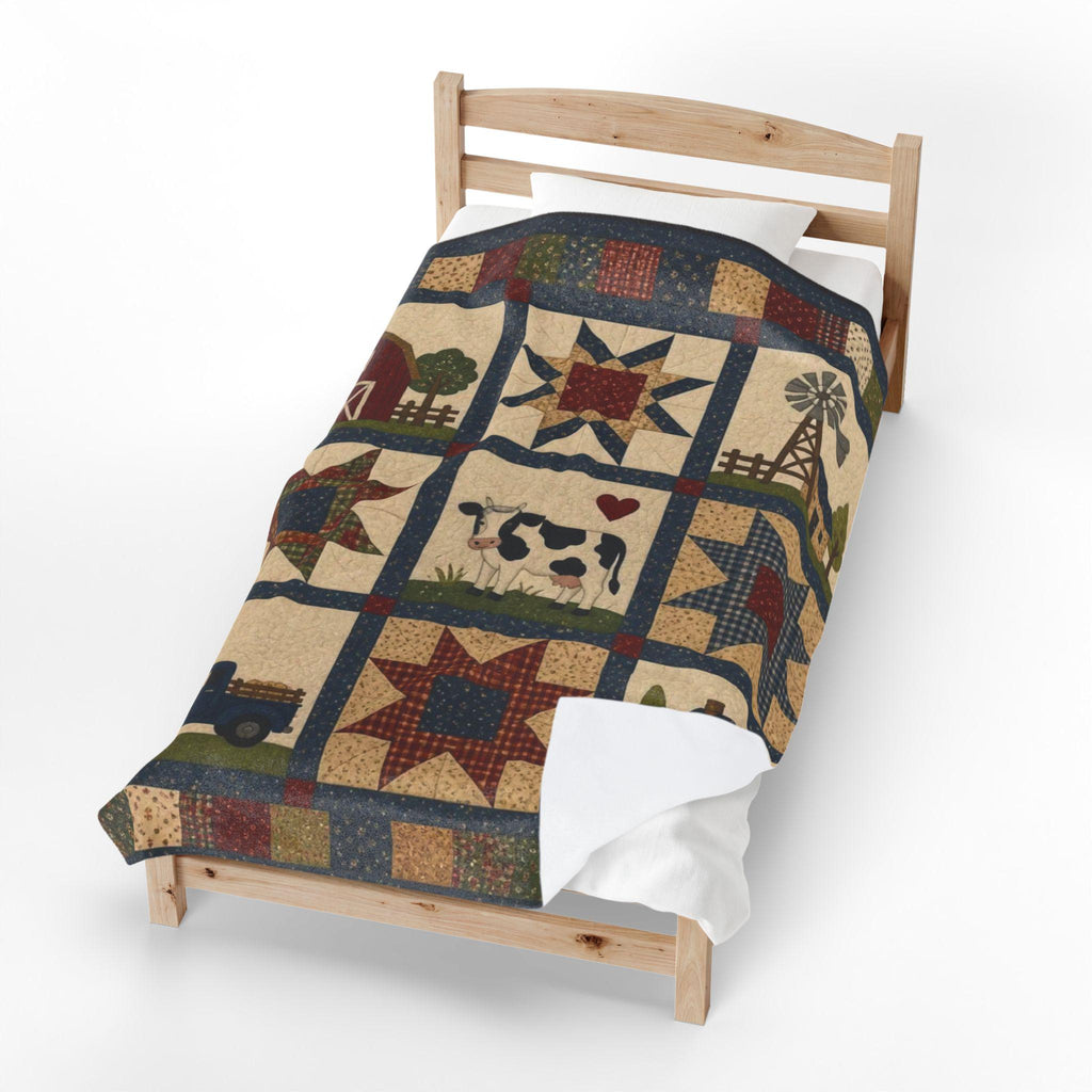 Farmhouse Patchwork Plush Blanket | Country Style, Cozy Comfort (Faux Patchwork)