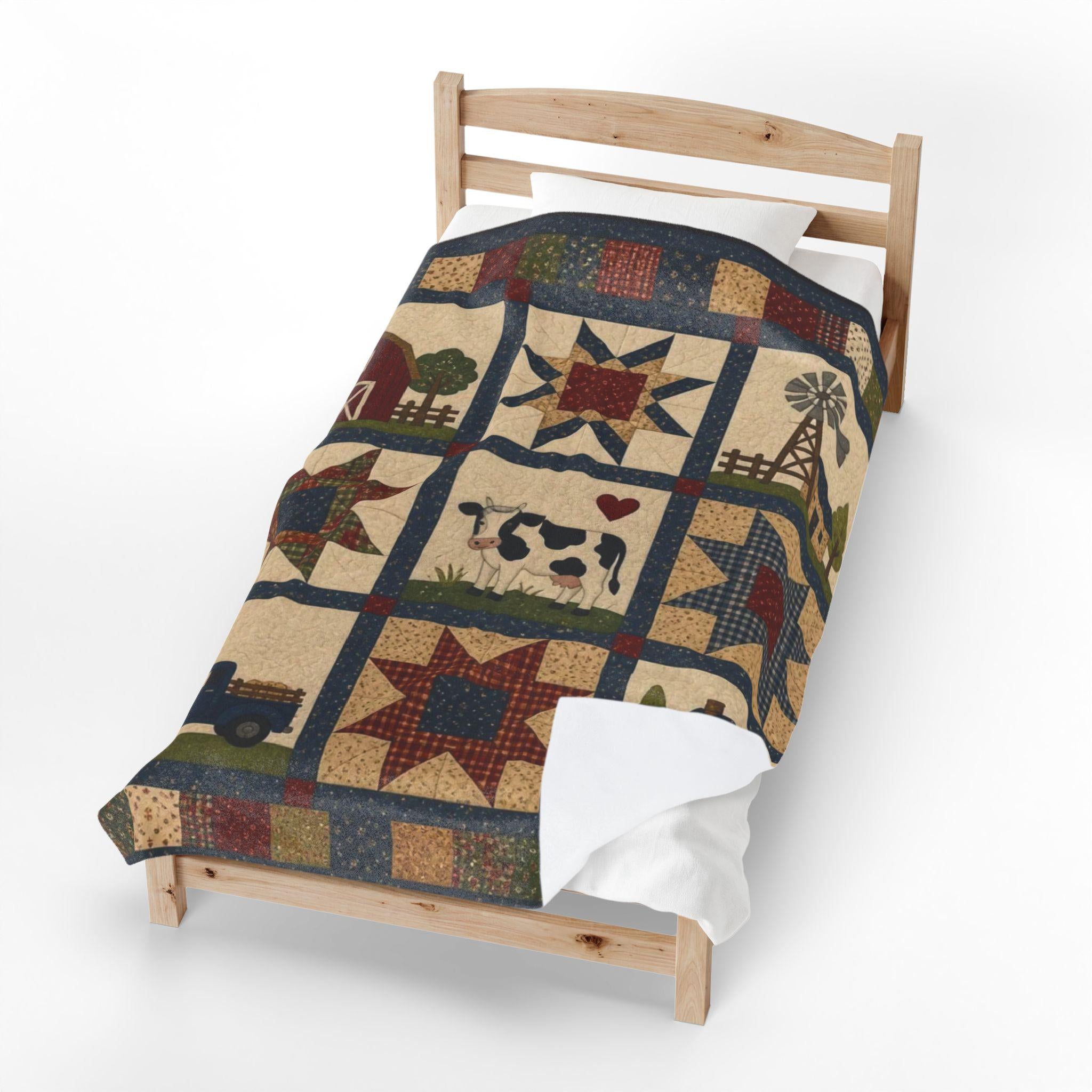 Farmhouse Patchwork Plush Blanket | Country Style, Cozy Comfort (Faux Patchwork)
