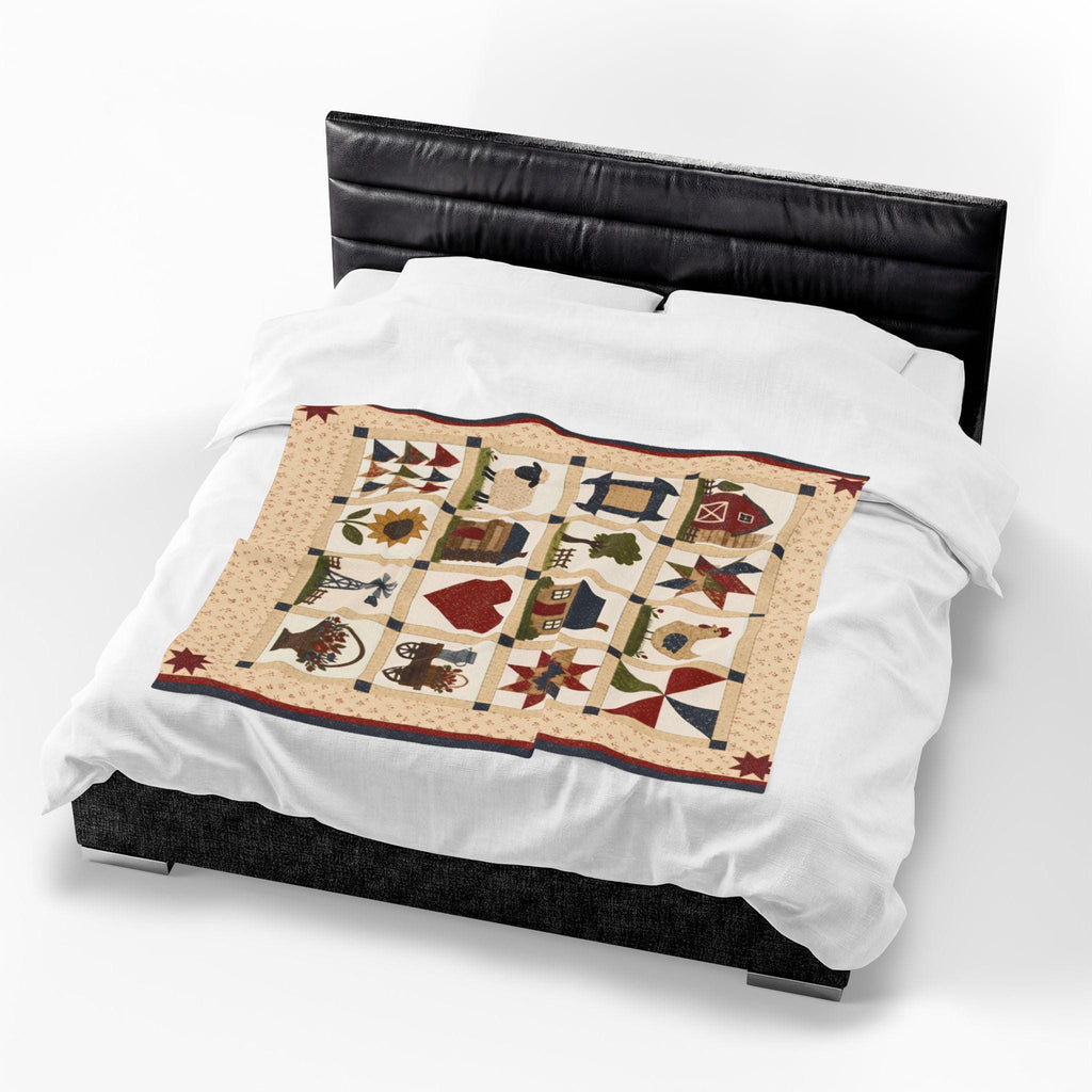 Country Patchwork Velveteen Plush Blanket | Farmhouse Quilt Style Throw