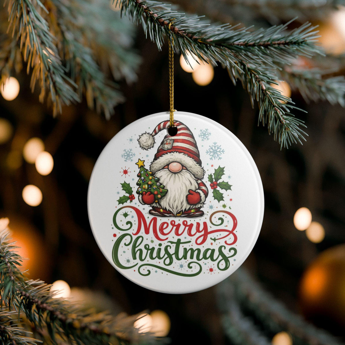 Gnome Merry Christmas Ceramic Ornament | Gnome Holiday Decoration