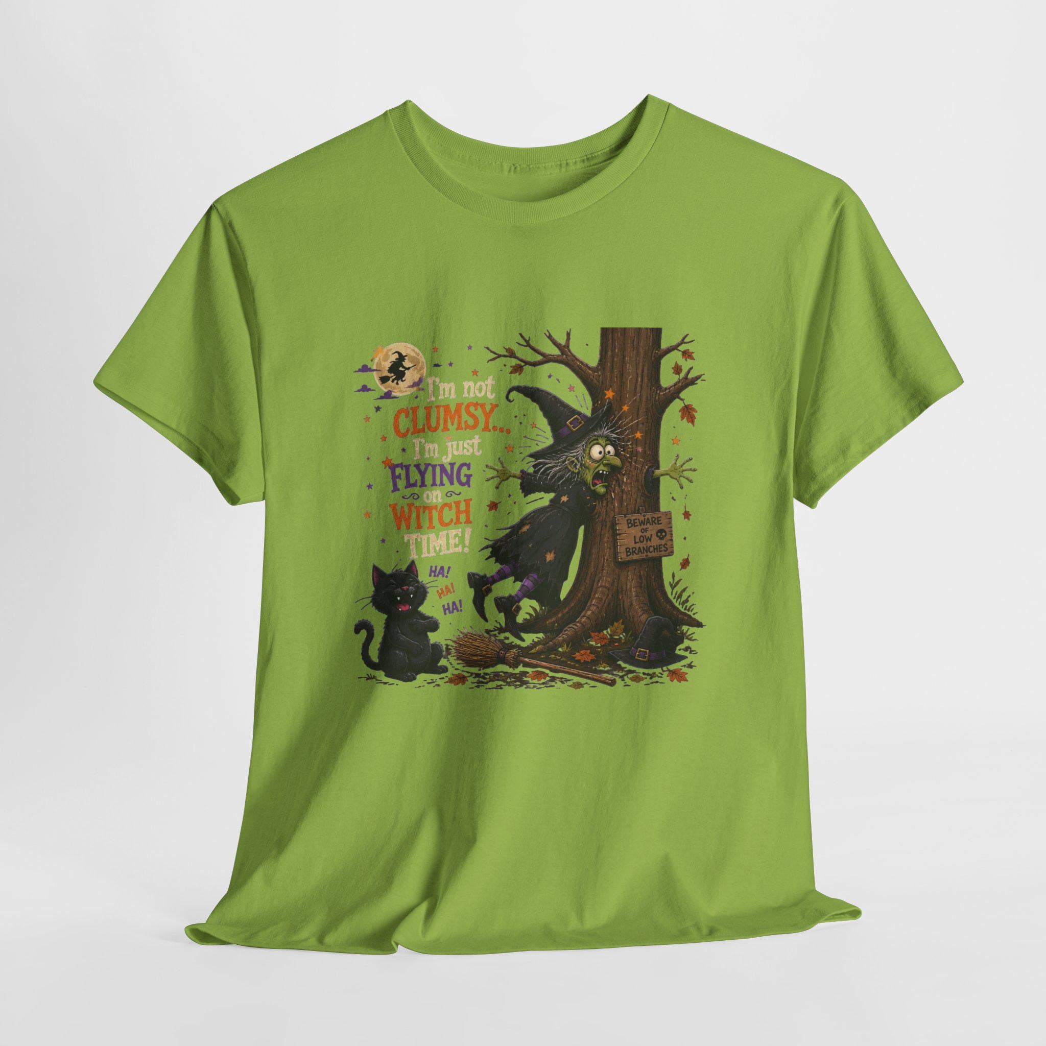Clumsy Flying Witch T-Shirt | Halloween Cat Tree Illustration (100% Cotton)