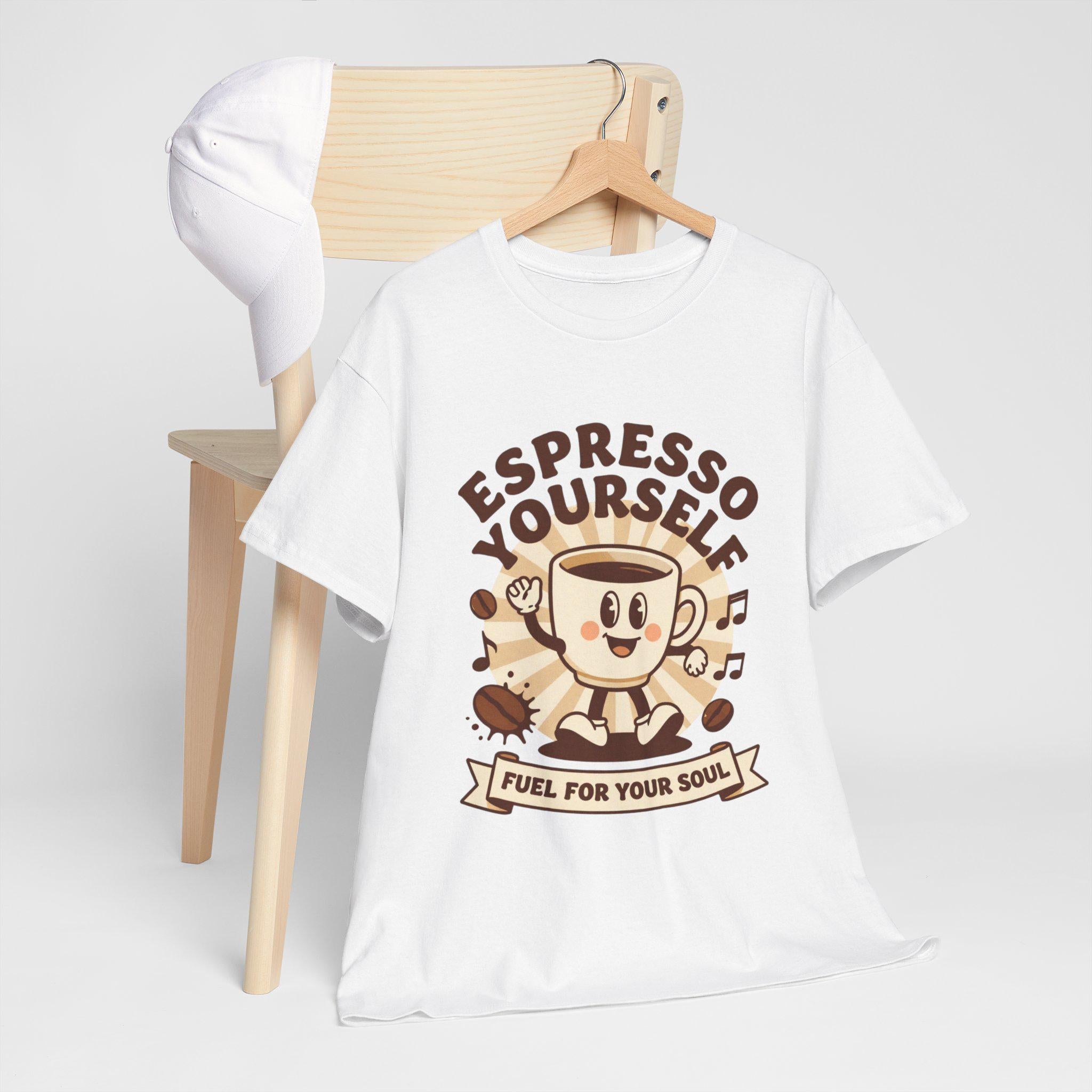 Espresso Yourself mug character T-Shirt | coffee pun tee, fuel for your soul
