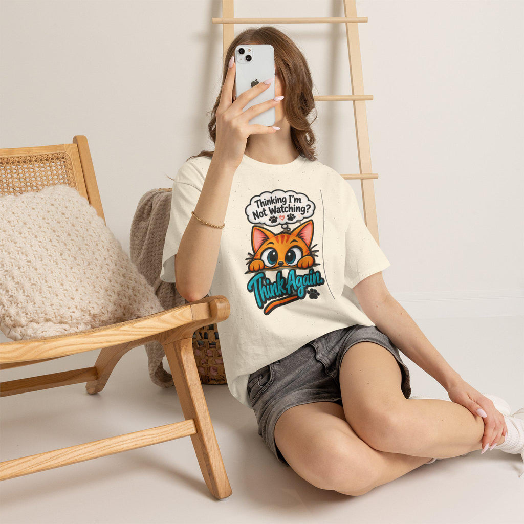 Humorous Cat T-Shirt, Wide-Eyed Cat Peek, Cotton Crew Neck Tee