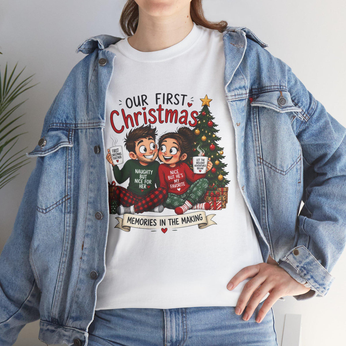 Our First Christmas couple illustration Tee | Christmas tree, cozy holiday scene
