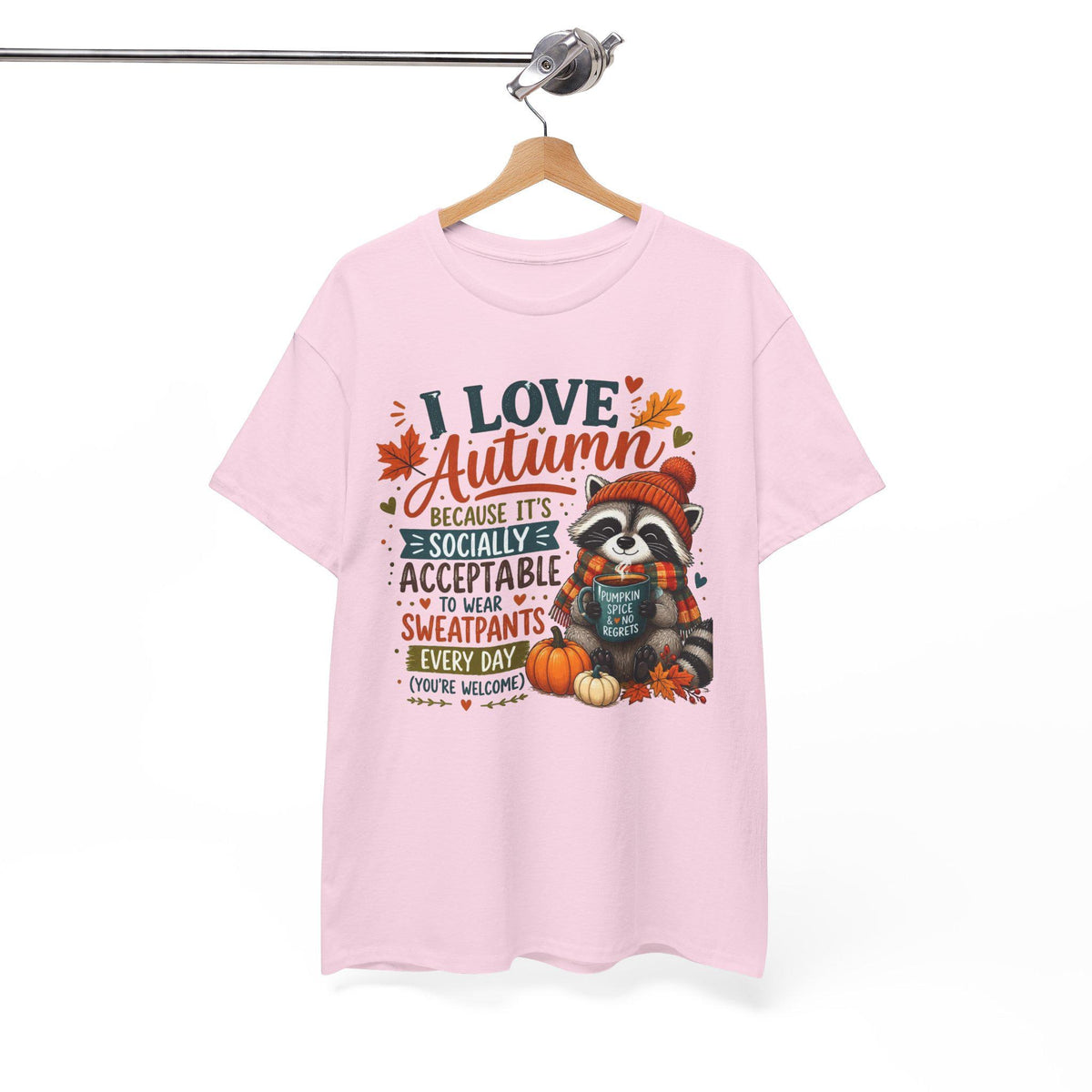 I Love Autumn Raccoon Tee | Fall Leaves, Pumpkin, Humorous autumn saying