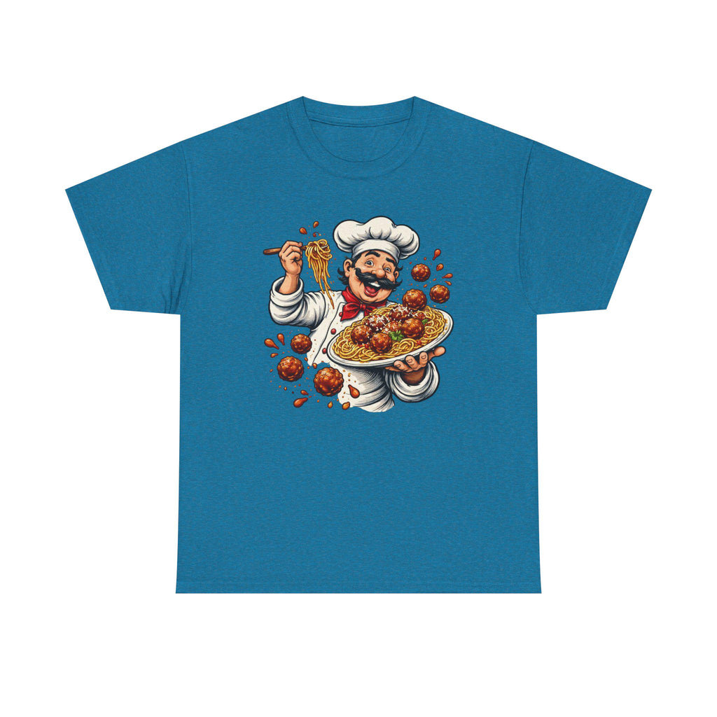 Happy Chef with Spaghetti and Meatballs T-Shirt | Pasta Cook Illustration