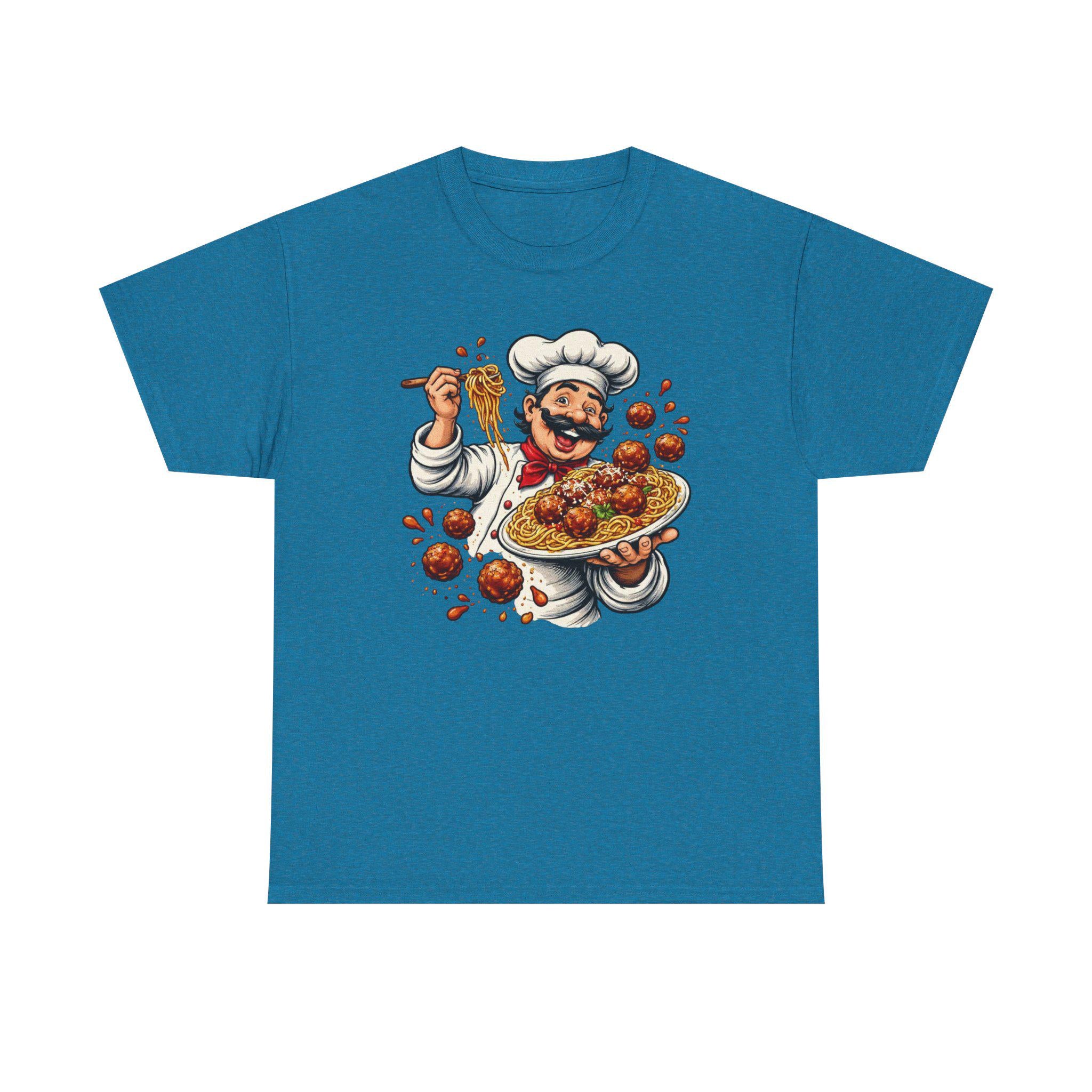 Happy Chef with Spaghetti and Meatballs T-Shirt | Pasta Cook Illustration