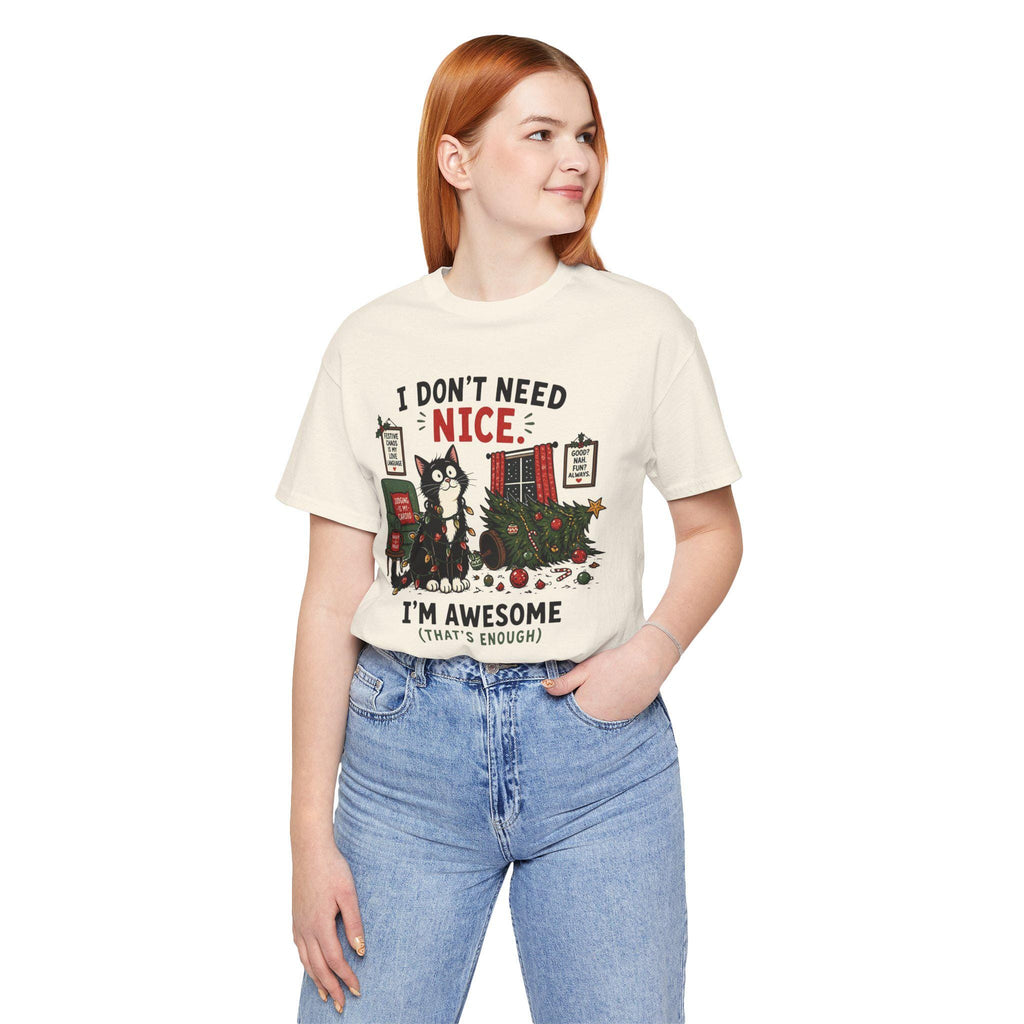 Humorous Christmas Cat T-Shirt | "I Don't Need Nice" Holiday Tee