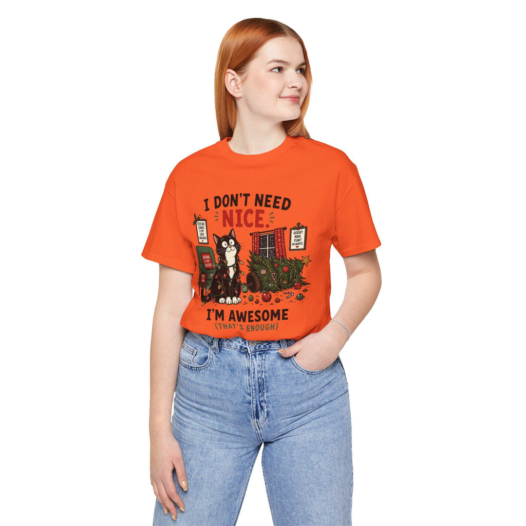 Humorous Christmas Cat T-Shirt | "I Don't Need Nice" Holiday Tee