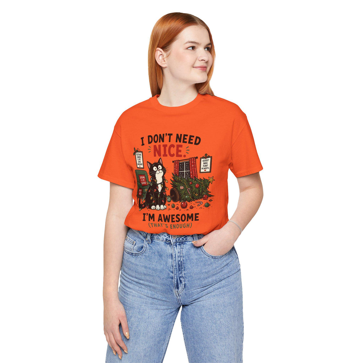 Humorous Christmas Cat T-Shirt | "I Don't Need Nice" Holiday Tee