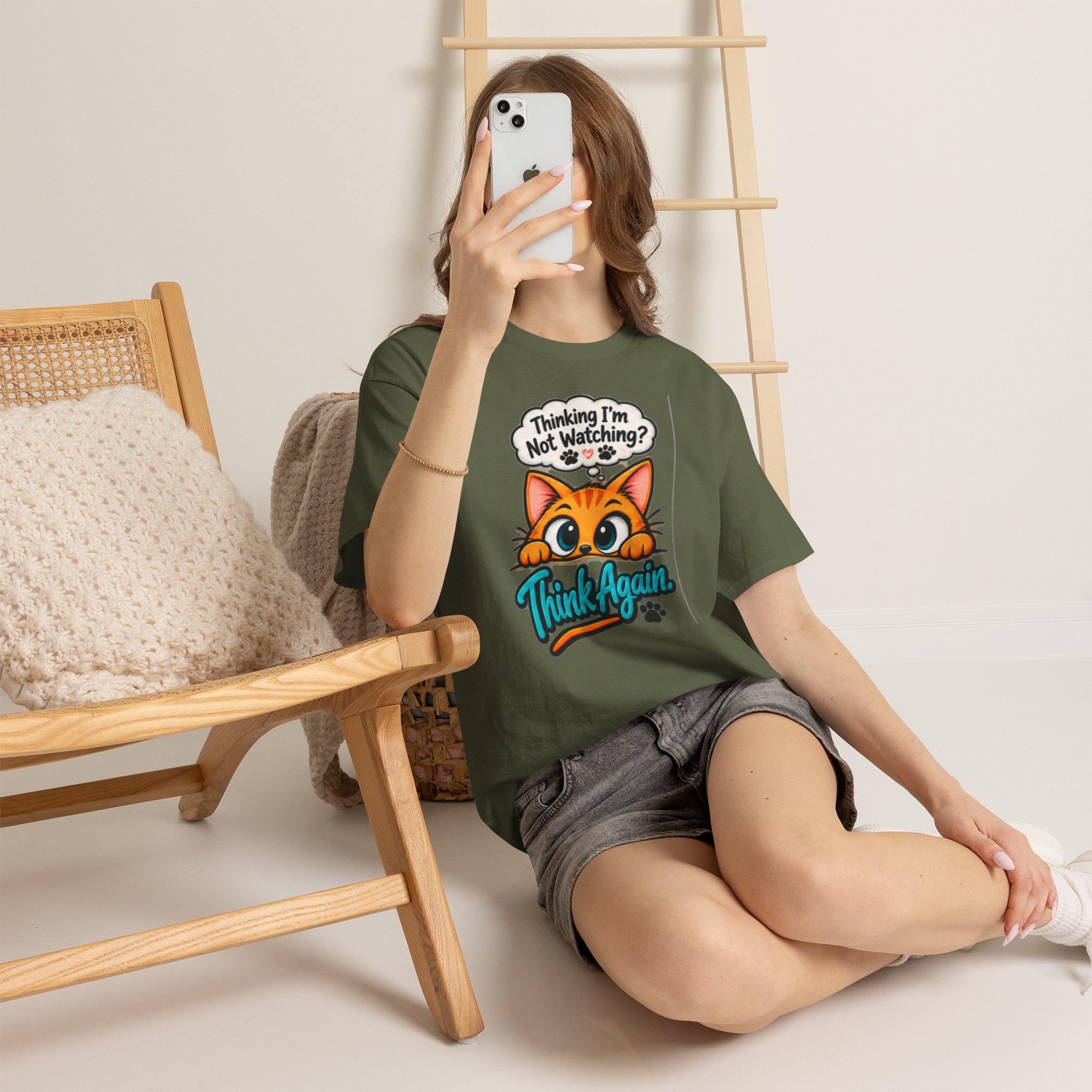 Humorous Cat T-Shirt, Wide-Eyed Cat Peek, Cotton Crew Neck Tee