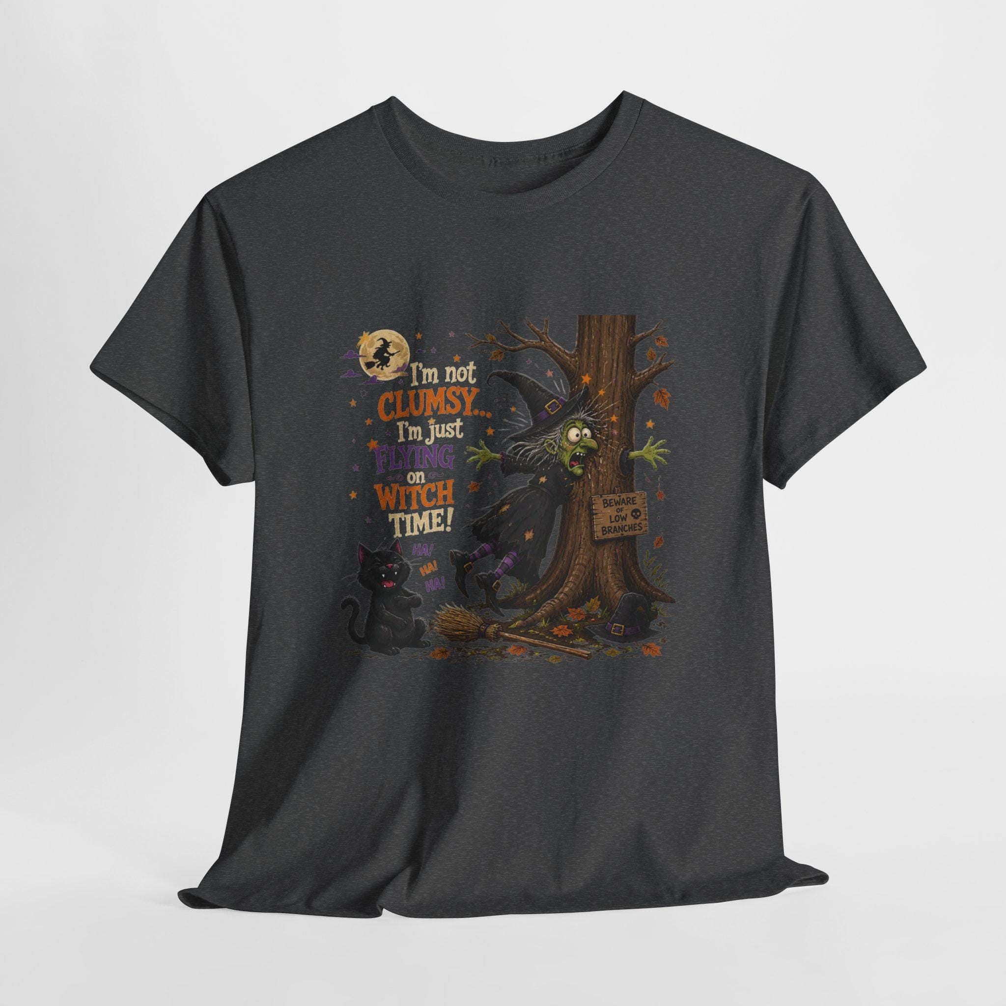 Clumsy Flying Witch T-Shirt | Halloween Cat Tree Illustration (100% Cotton)