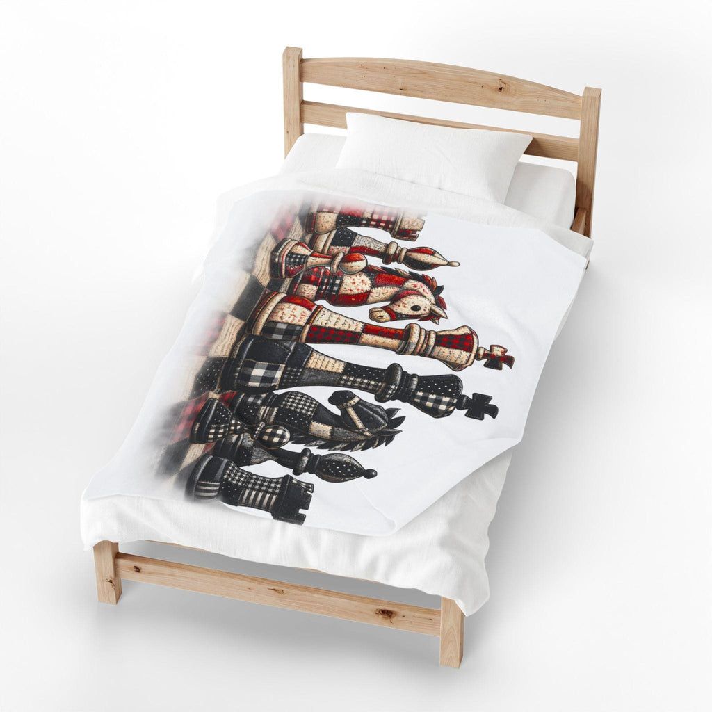 Chess Piece Plush Blanket | Black Red King Queen Pawns, Faux patchwork chess board throw