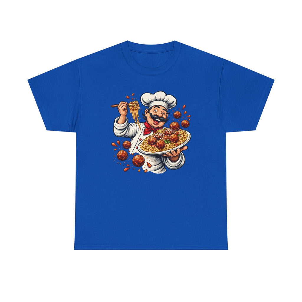 Happy Chef with Spaghetti and Meatballs T-Shirt | Pasta Cook Illustration