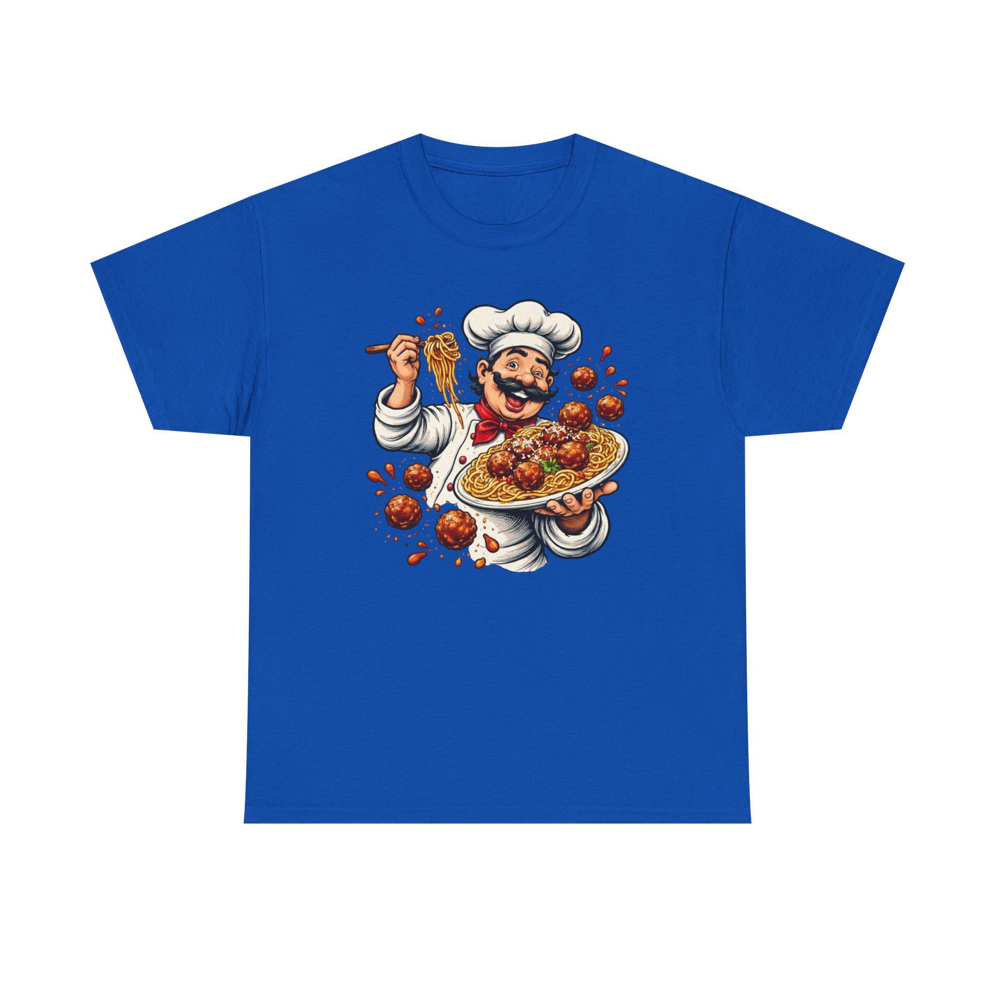 Happy Chef with Spaghetti and Meatballs T-Shirt | Pasta Cook Illustration