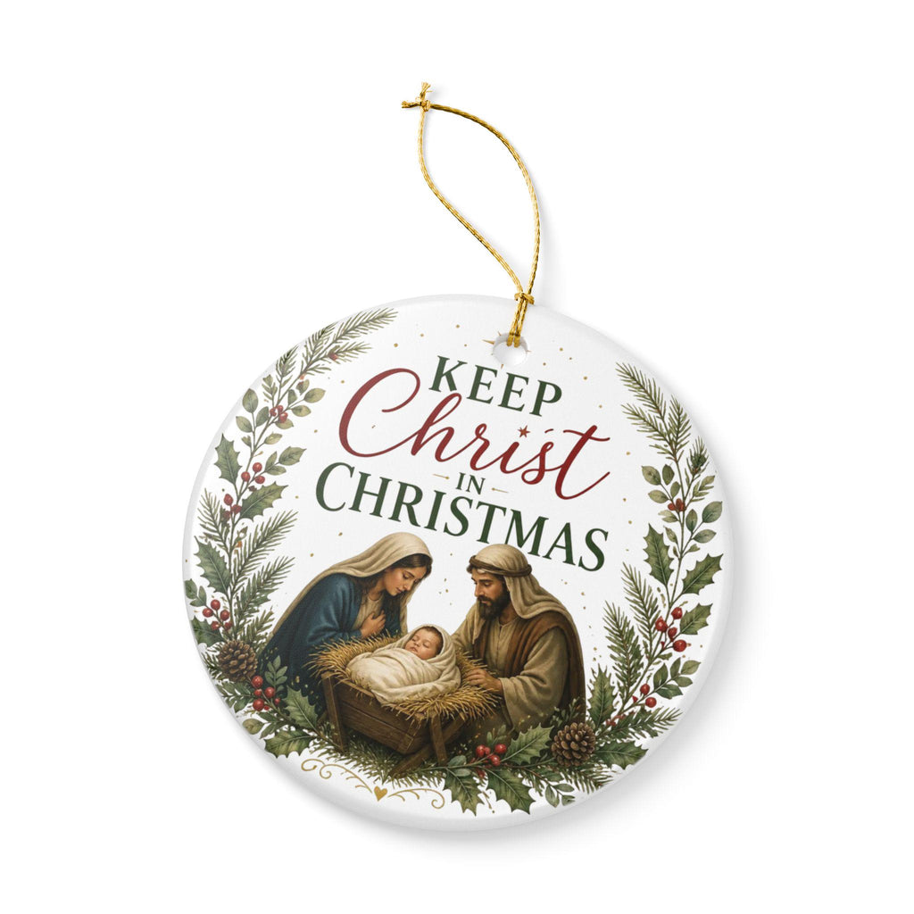 Ceramic Nativity Ornament | Keep Christ in Christmas, Pine Holly Accents