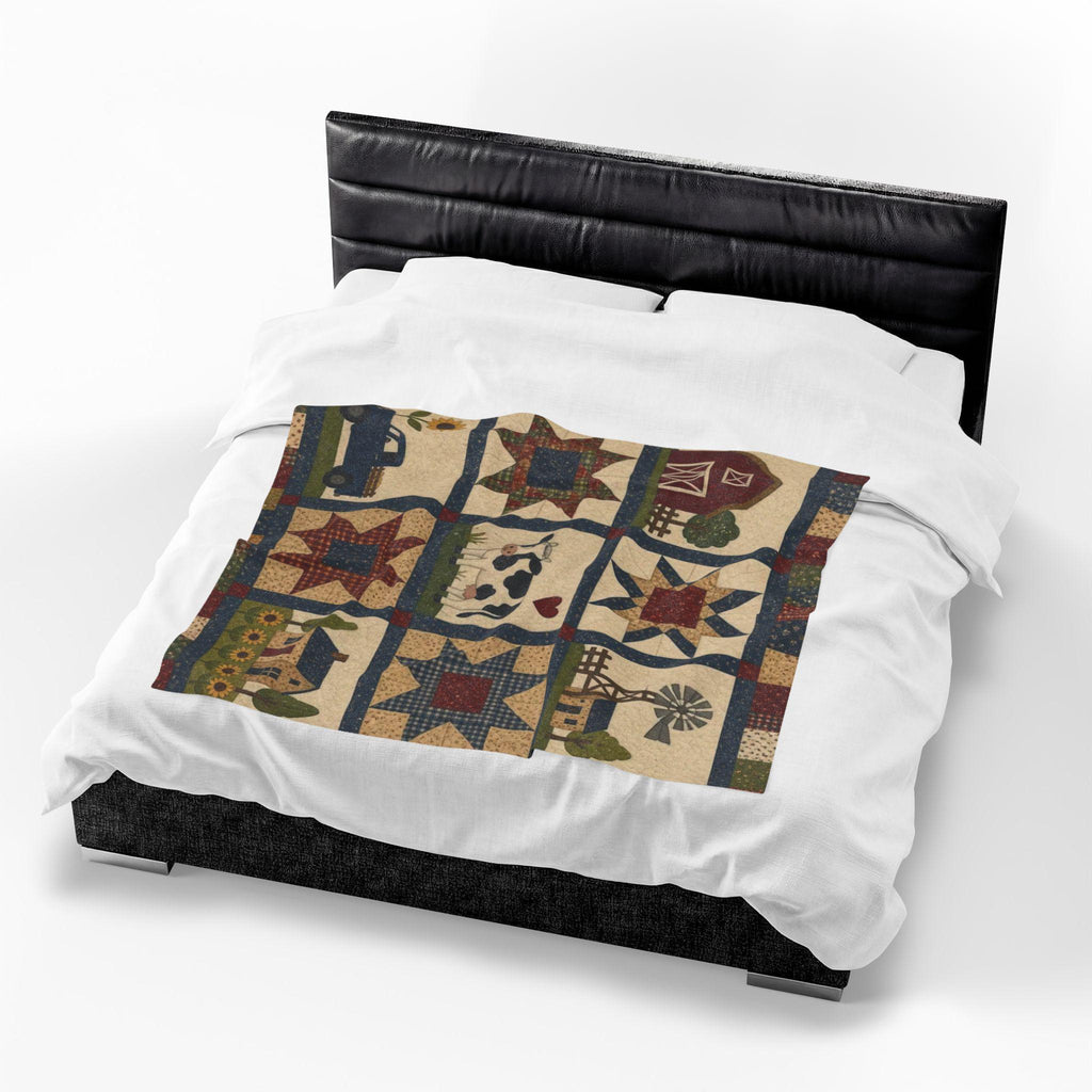 Farmhouse Patchwork Plush Blanket | Country Style, Cozy Comfort (Faux Patchwork)