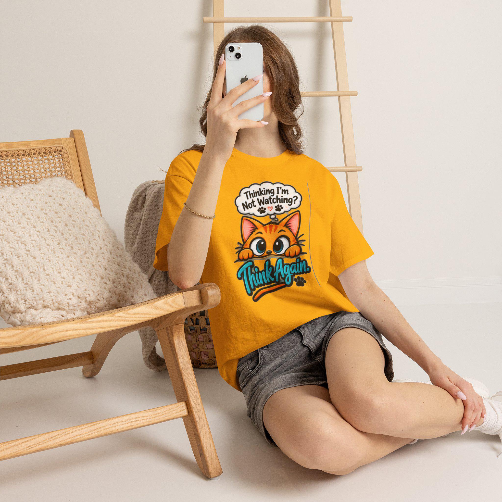 Humorous Cat T-Shirt, Wide-Eyed Cat Peek, Cotton Crew Neck Tee