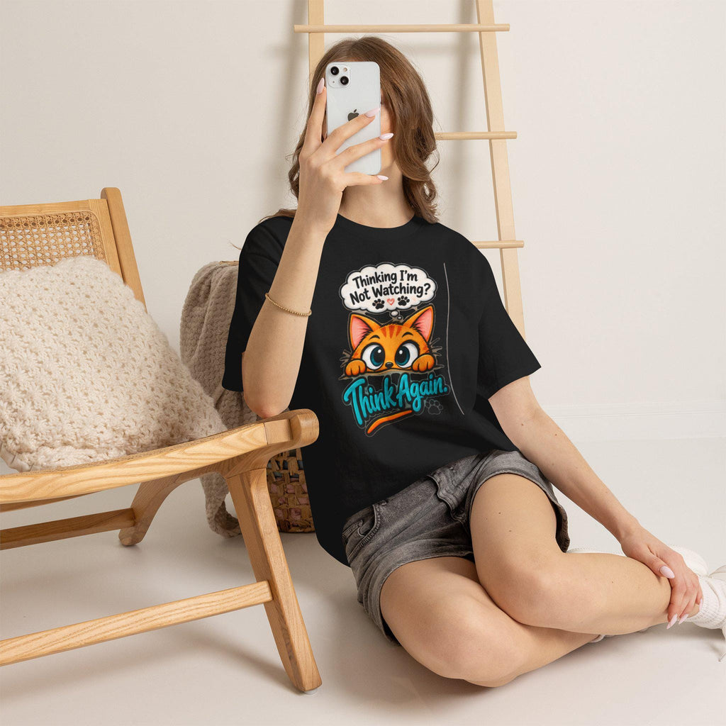 Humorous Cat T-Shirt, Wide-Eyed Cat Peek, Cotton Crew Neck Tee