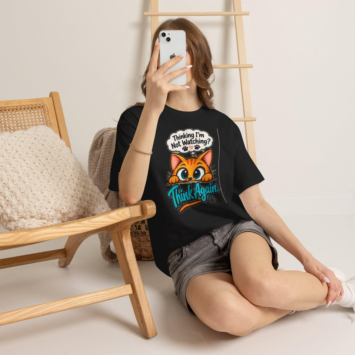 Humorous Cat T-Shirt, Wide-Eyed Cat Peek, Cotton Crew Neck Tee