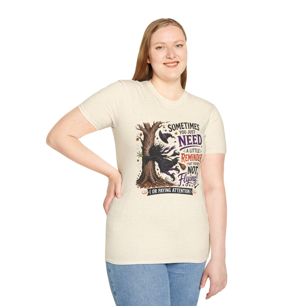 Halloween Witch T-Shirt | Whimsical Witch Hits Tree Graphic Tee