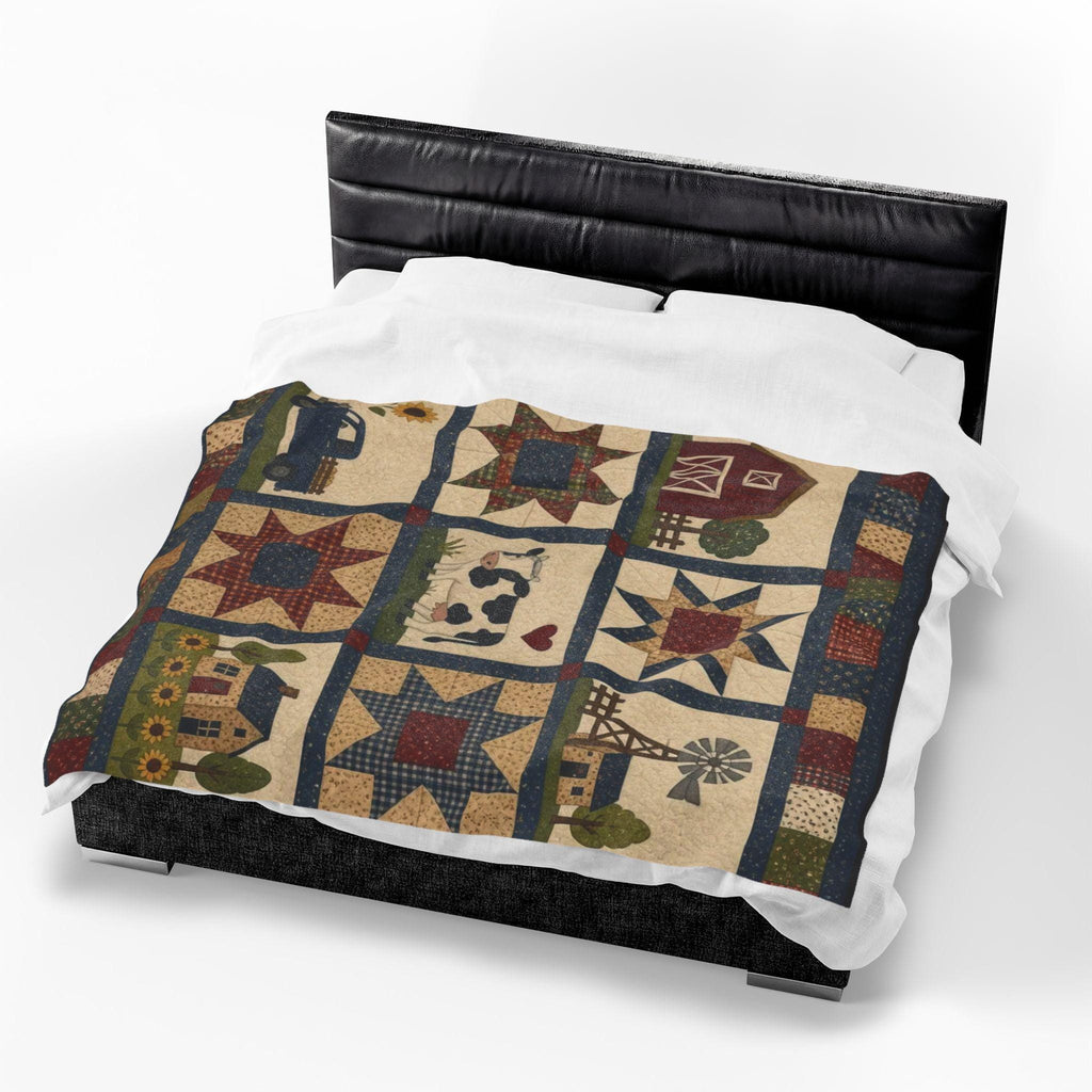 Farmhouse Patchwork Plush Blanket | Country Style, Cozy Comfort (Faux Patchwork)