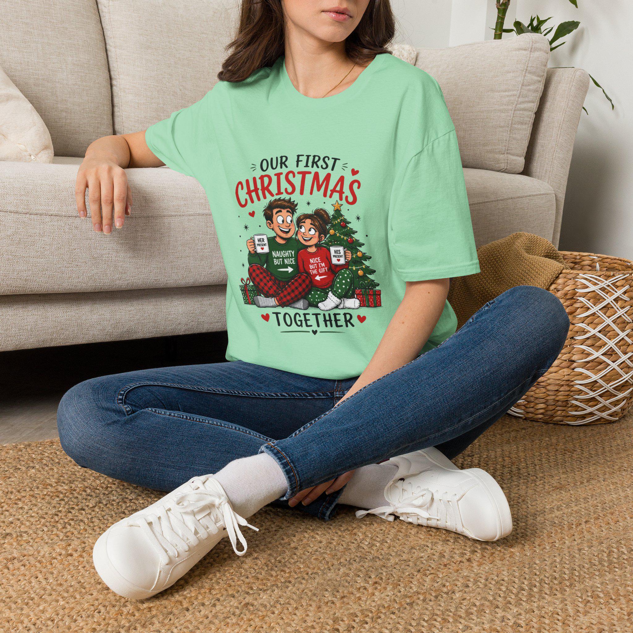 Our First Christmas Couple Illustration T-Shirt | Matching Holiday Tee