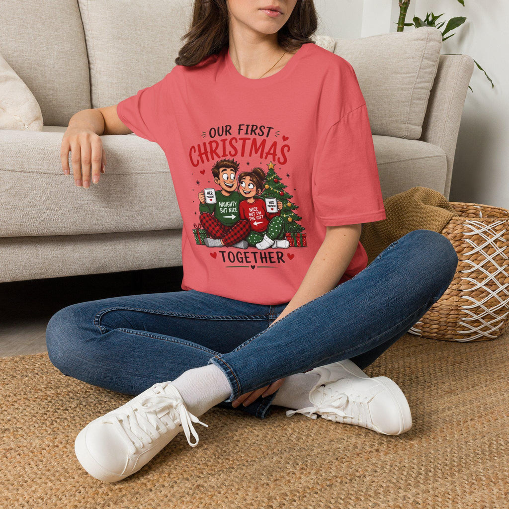 Our First Christmas Couple Illustration T-Shirt | Matching Holiday Tee