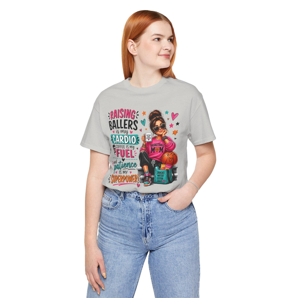 Basketball Mom T-Shirt, Raising Ballers, Coffee Fuel, Gym Mom Humor (Cotton Tee)