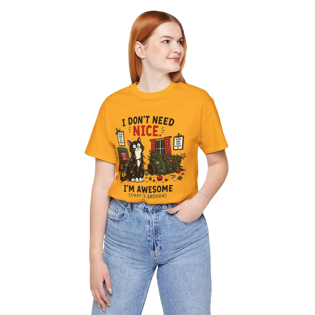 Humorous Christmas Cat T-Shirt | "I Don't Need Nice" Holiday Tee