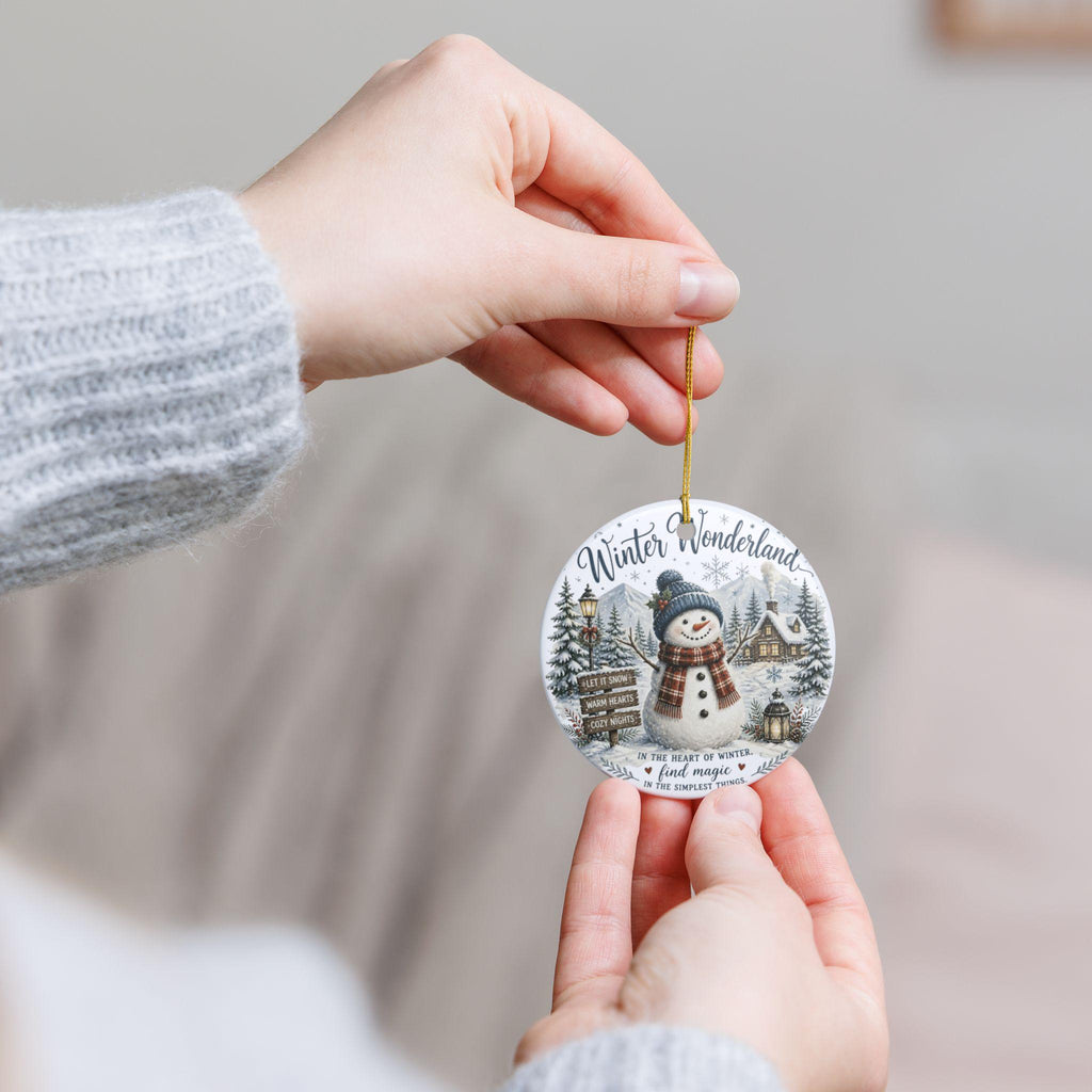 Ceramic Snowman Ornament, Winter Wonderland Scene, Double-Sided Print