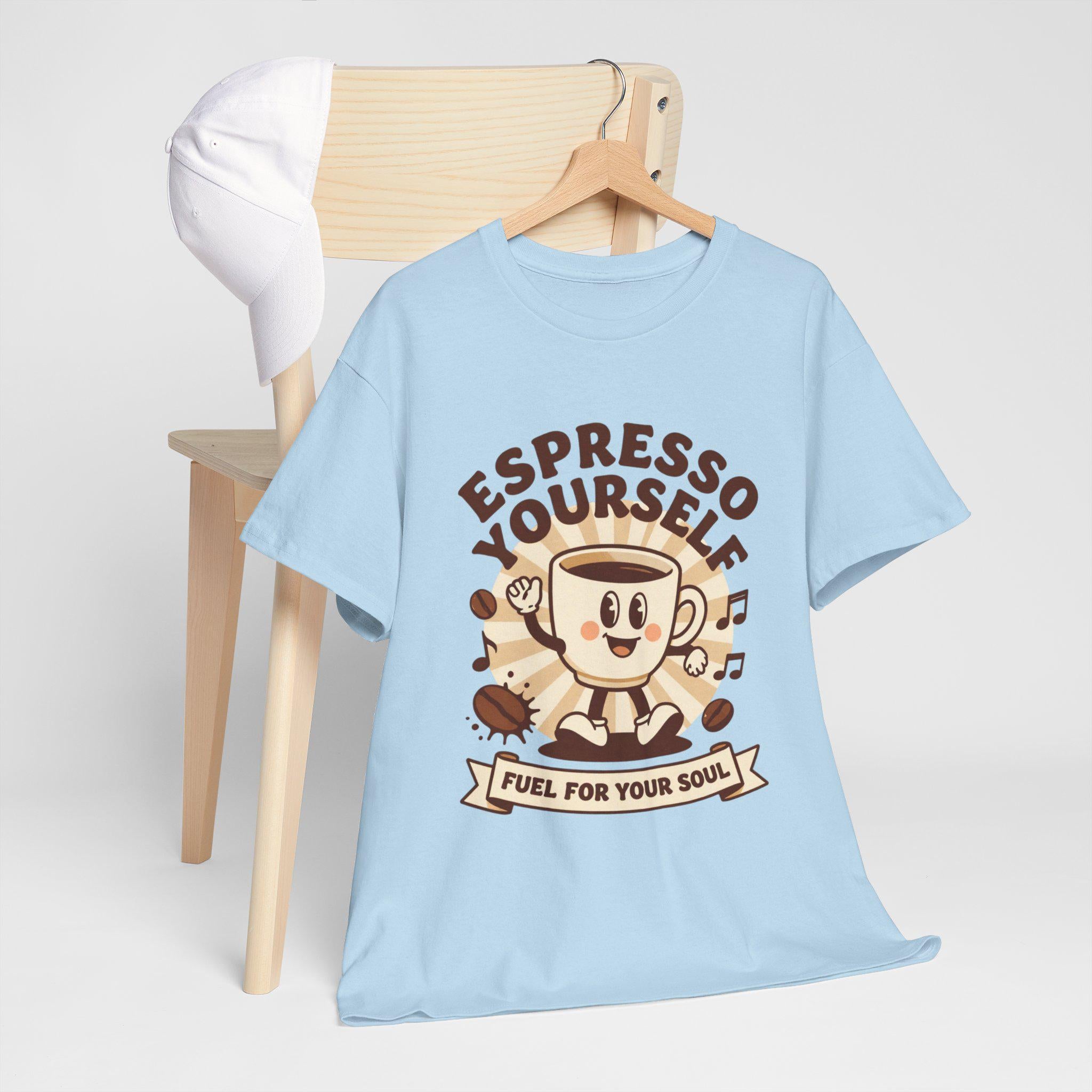 Espresso Yourself mug character T-Shirt | coffee pun tee, fuel for your soul