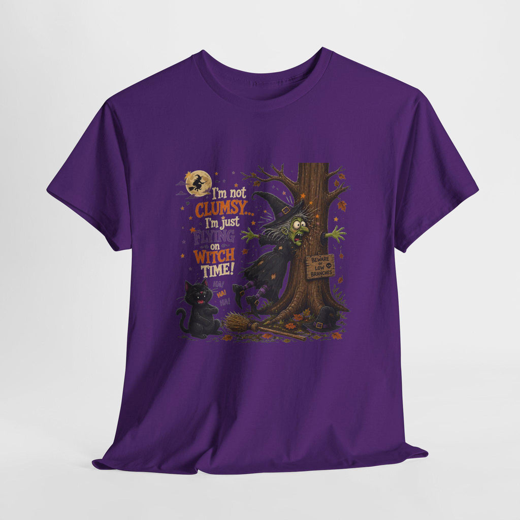 Clumsy Flying Witch T-Shirt | Halloween Cat Tree Illustration (100% Cotton)