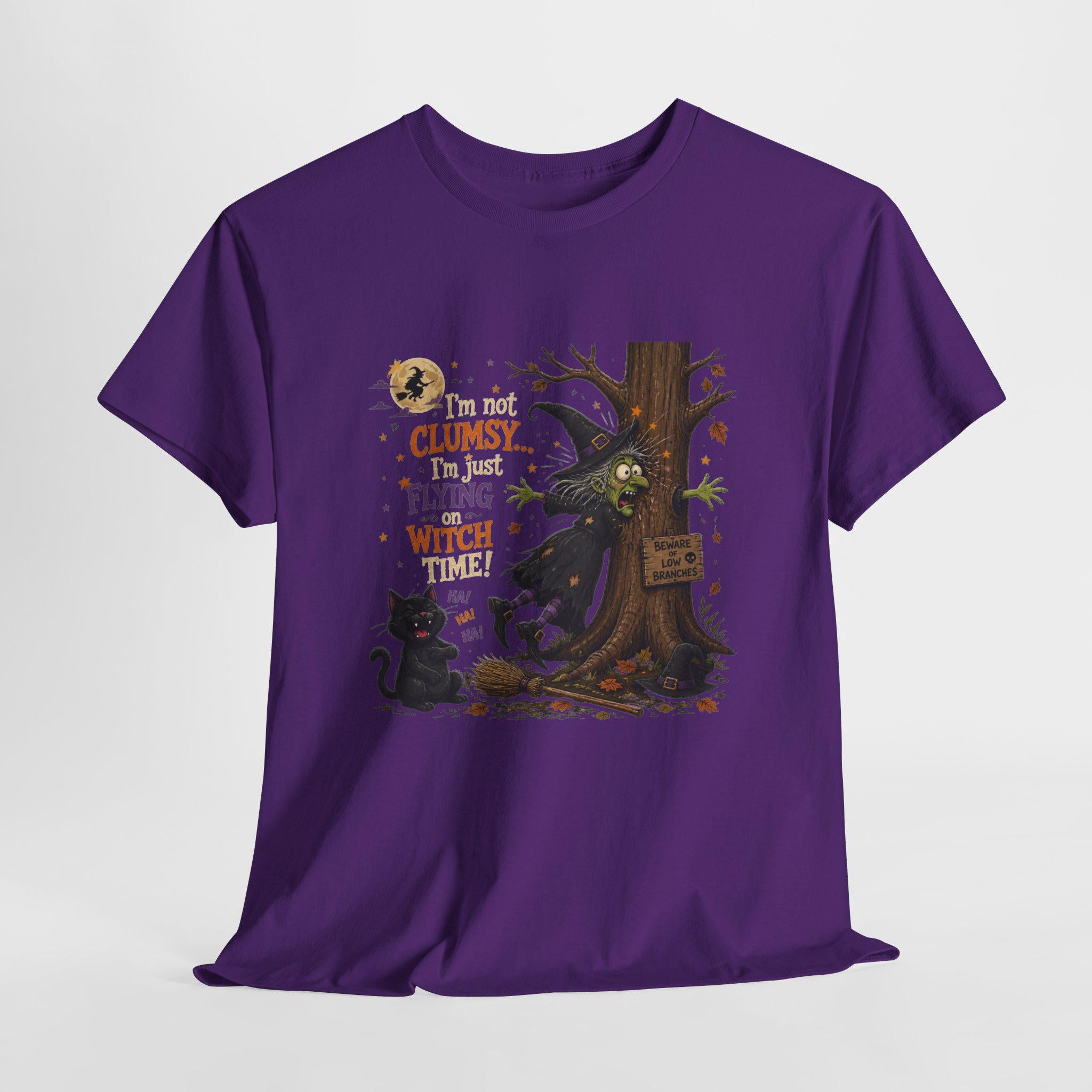 Clumsy Flying Witch T-Shirt | Halloween Cat Tree Illustration (100% Cotton)