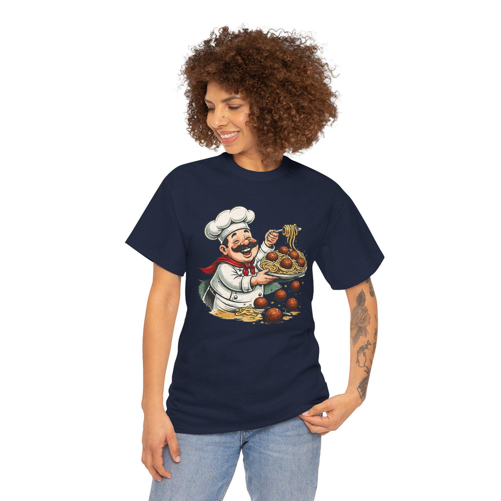 Smiling Italian Chef with Spaghetti and Meatballs T-Shirt | Pasta Cook Illustration