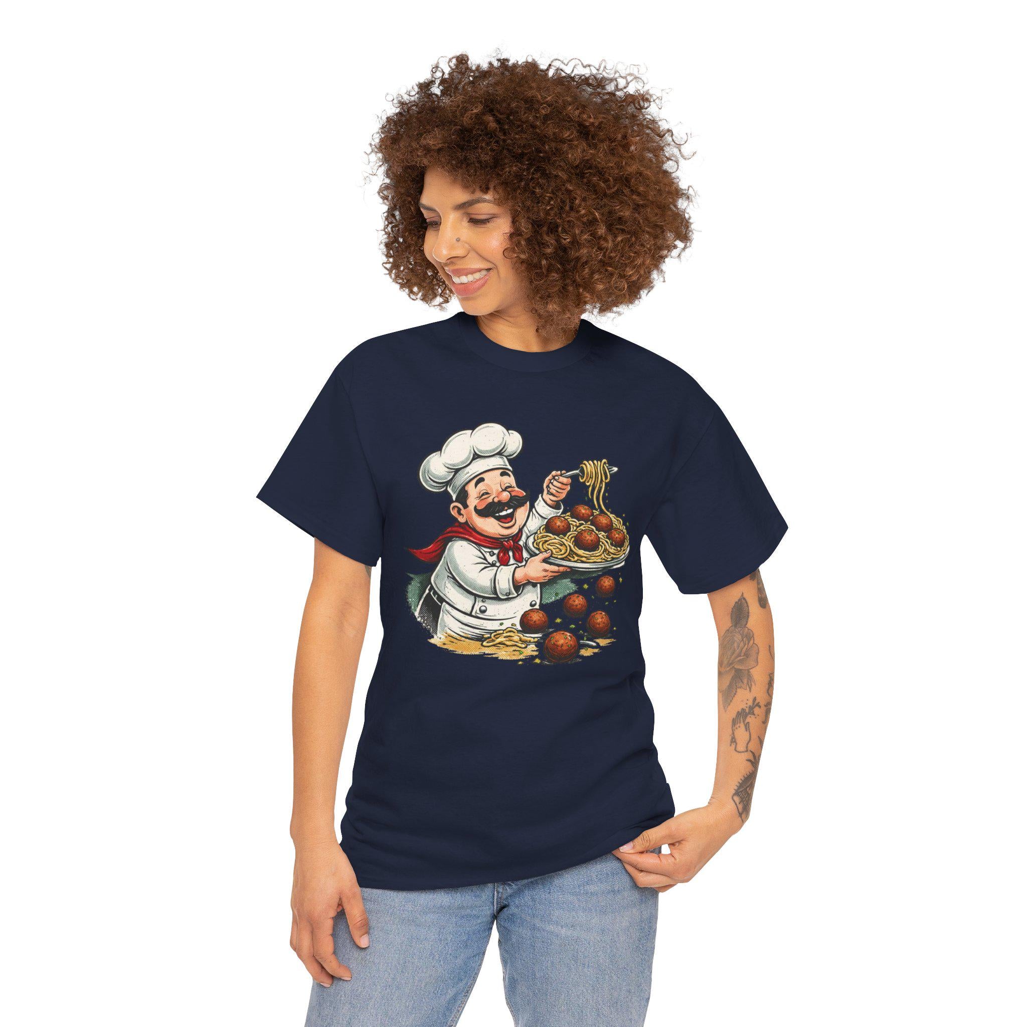 Smiling Italian Chef with Spaghetti and Meatballs T-Shirt | Pasta Cook Illustration