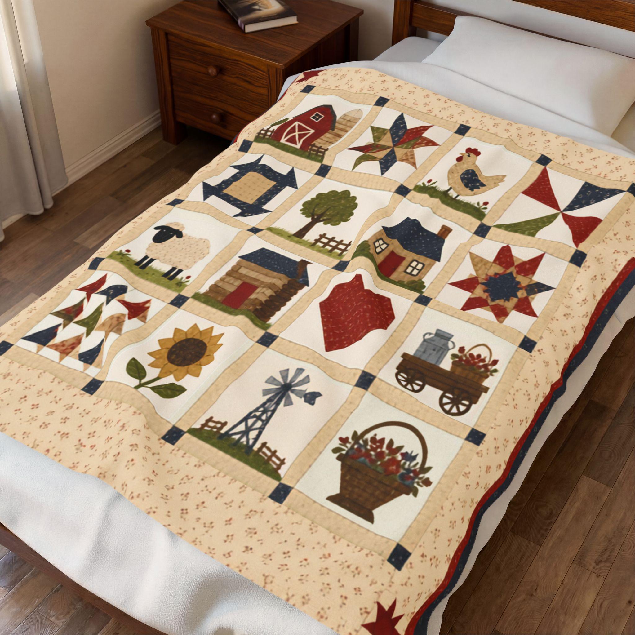 Country Patchwork Velveteen Plush Blanket | Farmhouse Quilt Style Throw