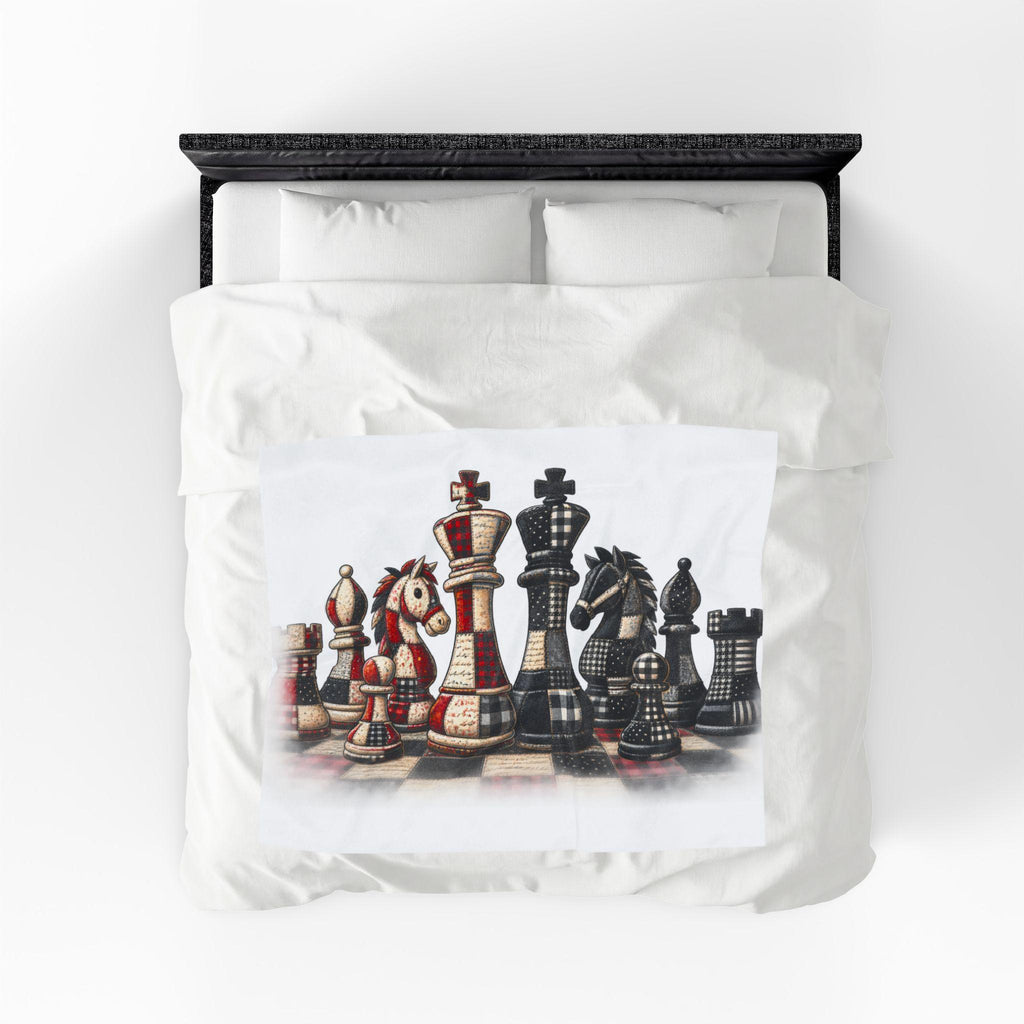 Chess Piece Plush Blanket | Black Red King Queen Pawns, Faux patchwork chess board throw