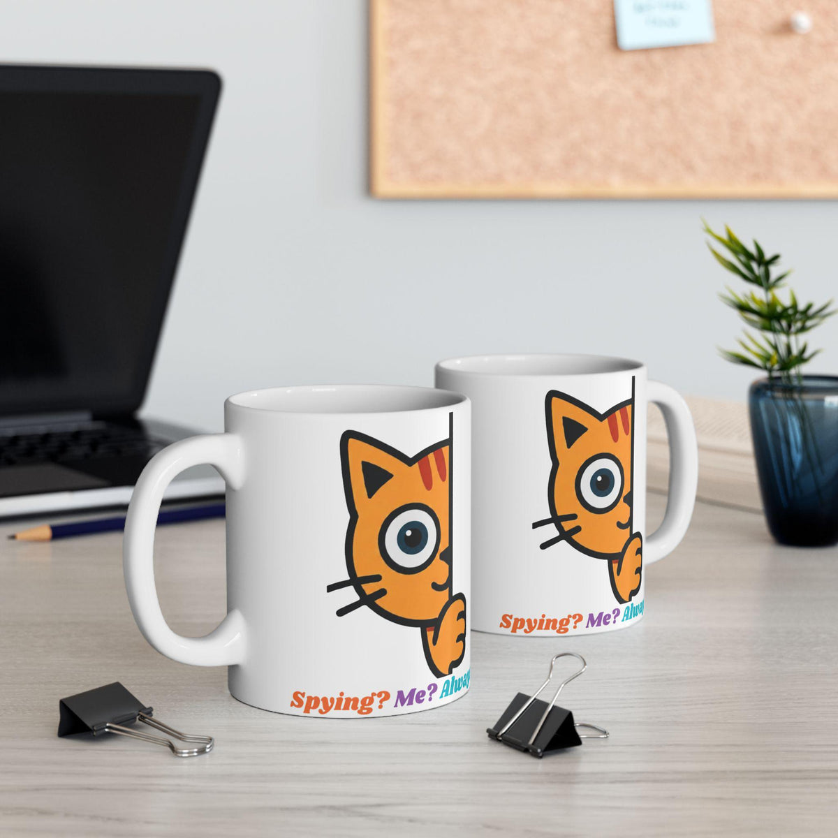 Cat Ceramic Mug, Playful Fox Peek Design, 11oz Coffee Cup