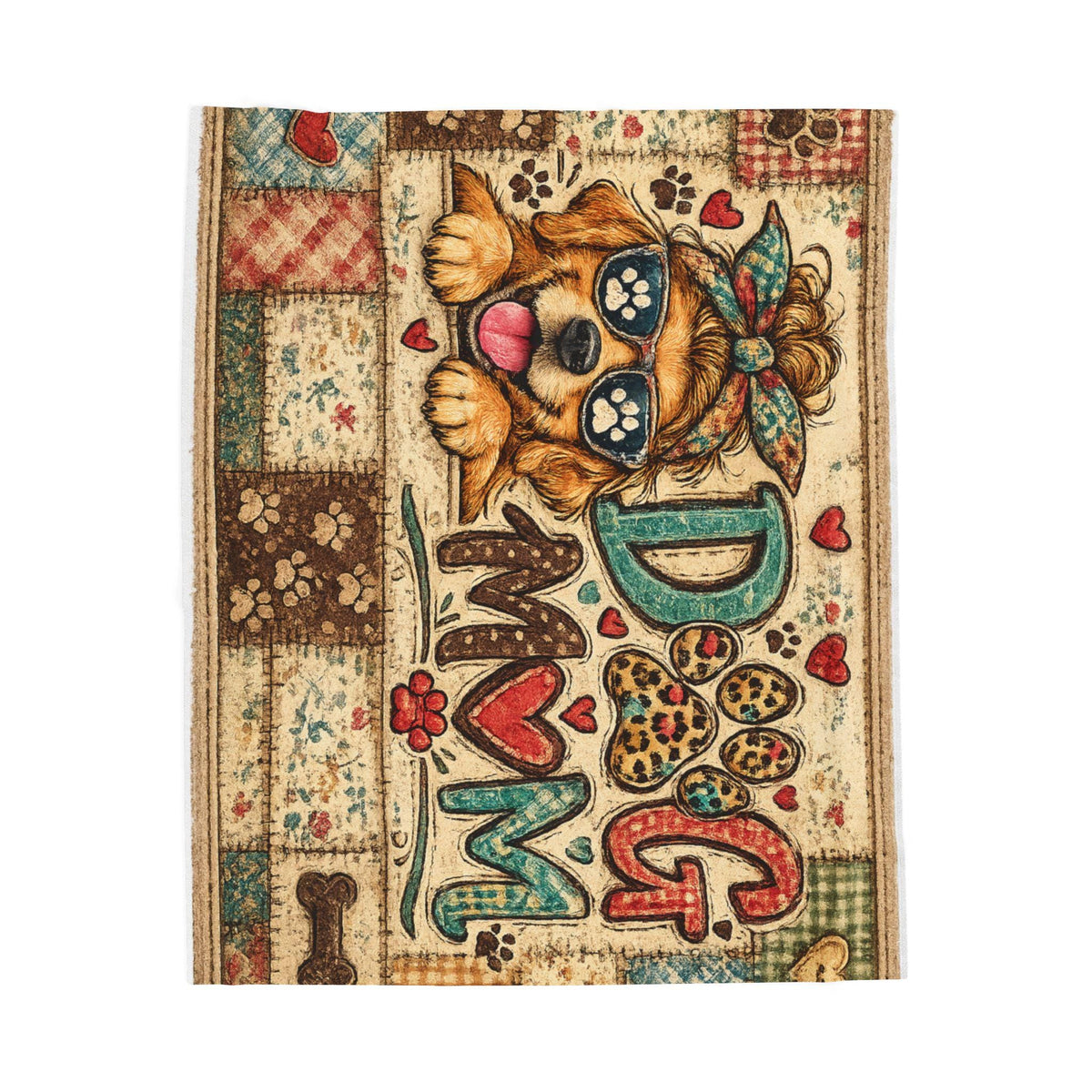 Dog Mom Patchwork Velveteen Blanket | Puppy Paw Heart Throw