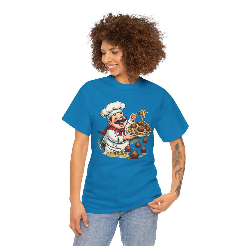 Smiling Italian Chef with Spaghetti and Meatballs T-Shirt | Pasta Cook Illustration