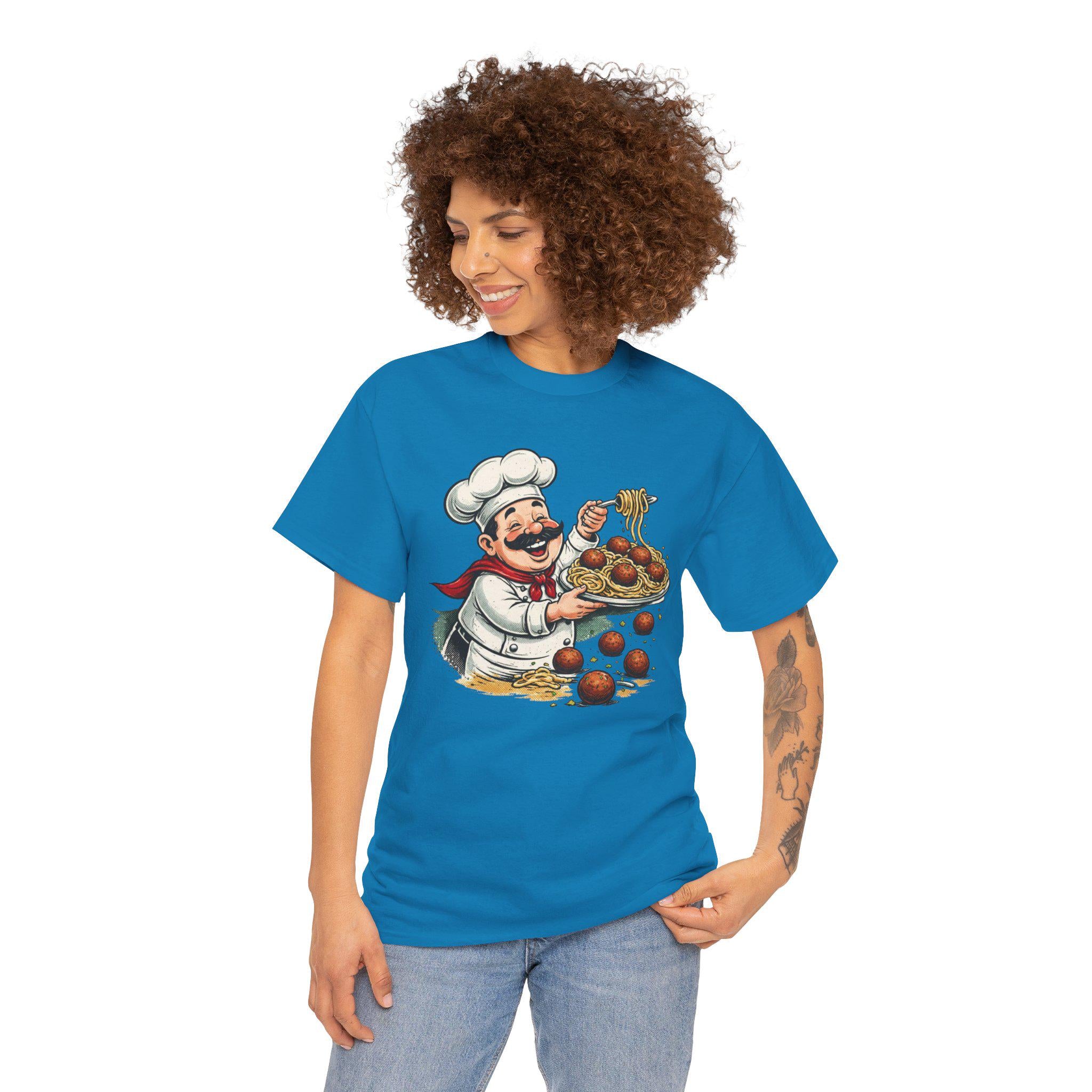 Smiling Italian Chef with Spaghetti and Meatballs T-Shirt | Pasta Cook Illustration