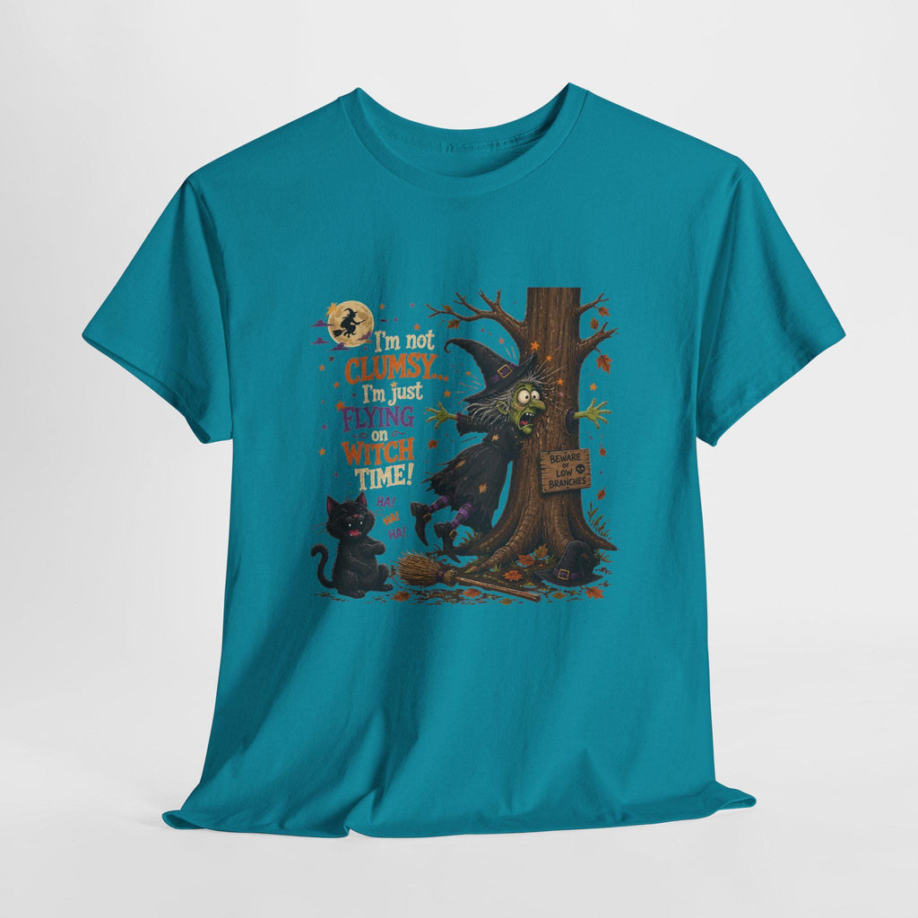 Clumsy Flying Witch T-Shirt | Halloween Cat Tree Illustration (100% Cotton)
