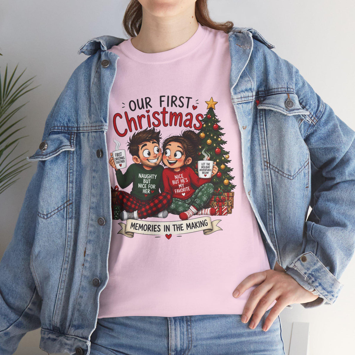 Our First Christmas couple illustration Tee | Christmas tree, cozy holiday scene