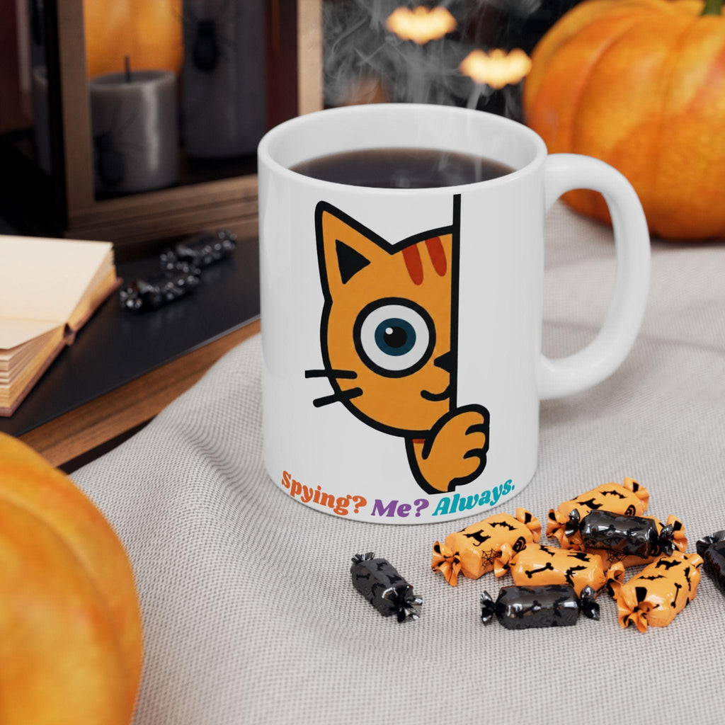 Cat Ceramic Mug, Playful Fox Peek Design, 11oz Coffee Cup